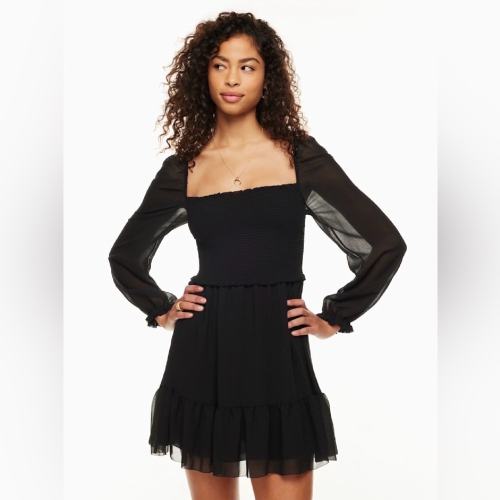 Aritzia Wilfred New Tempest Smocked Chiffon Black Mini Blouson Dress — Small
